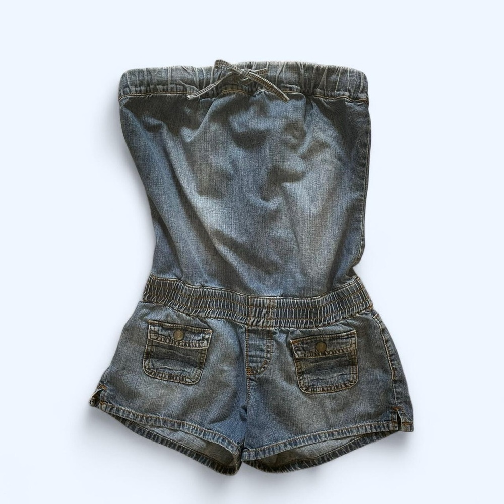 Denim tube top romper with cutoffs